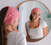 Photo of a women wearing a 100% Cotton Turbie Band Headband color Pink.
